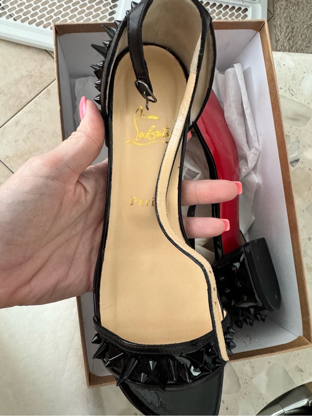 Christian Louboutin Red Patent Leather Square Heel Sandals with Black Straps - Picture 4 of 5